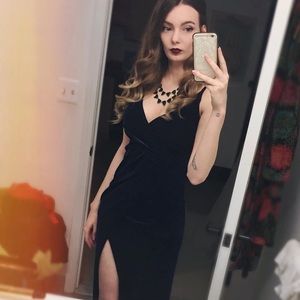 Blue Velvet Surplice Evening Dress with Slit